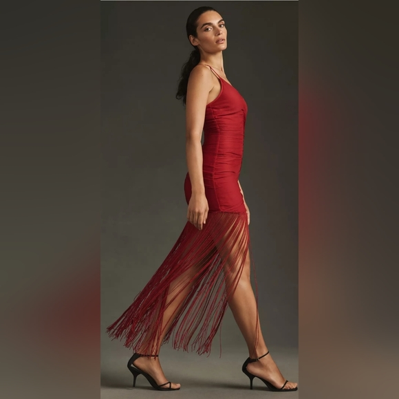 Anthropologie Vineet Bahl Sleeveless V-Neck Fringe Maxi Dress in Red - Picture 6 of 16